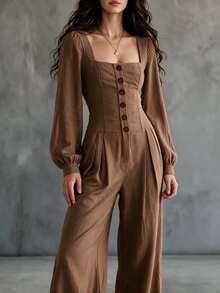 Trelyra Women's Solid Color Pocket Pleated Casual Everyday Jumpsuit - Khaki - View 5