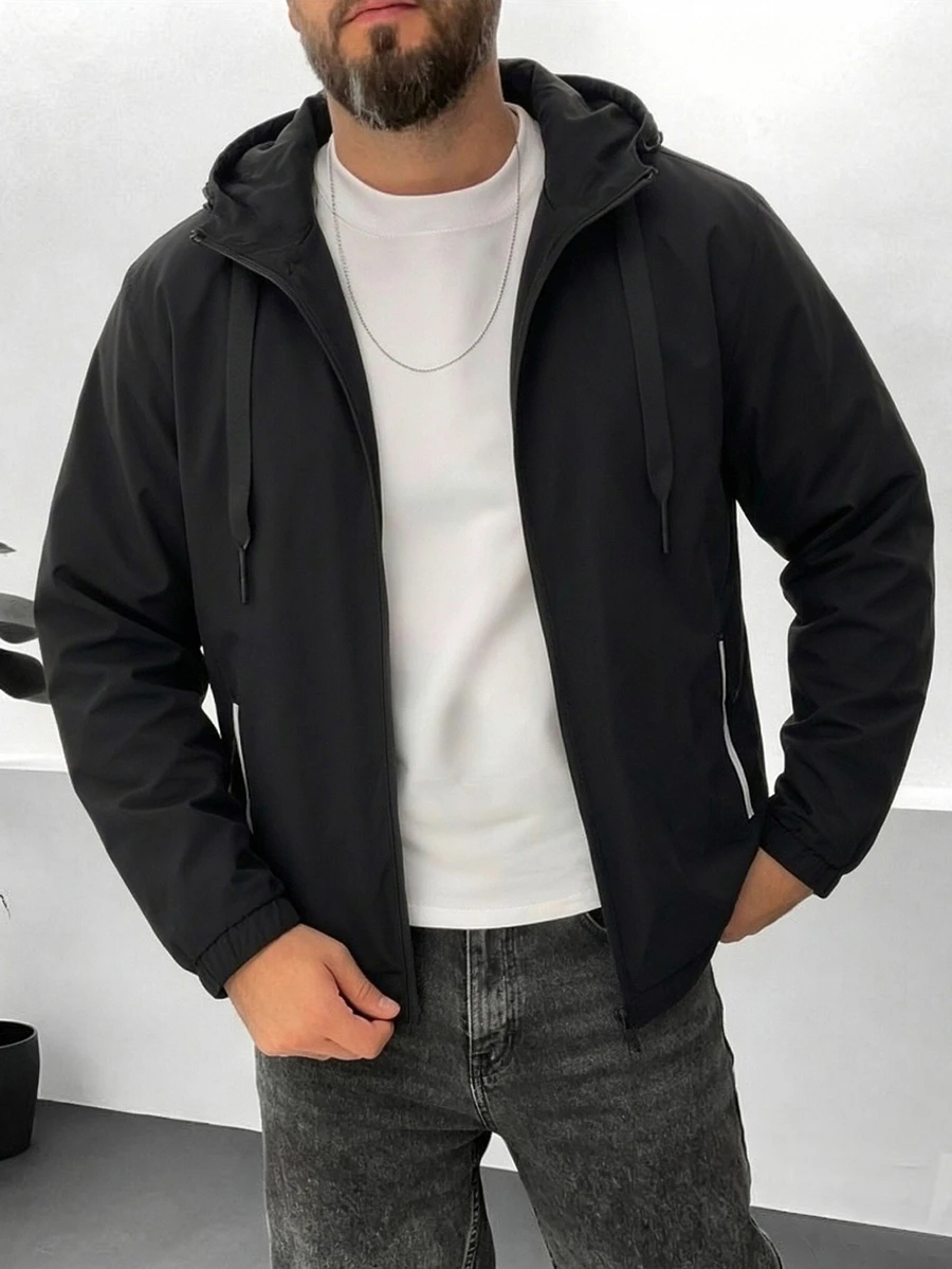 Manfinity Homme 男士休閒連帽夾克,黑色輕量拉鍊夾克,寬鬆版型,適合街頭穿搭、旅行與日常穿著 - 黑色 - 查看 1