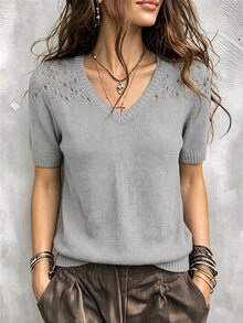 SHEIN Franclia Atasan Rajut Kasual Lengan Pendek Motif Berongga Warna Polos untuk Wanita - Grey - View 3