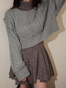 DAZY Women's Solid Color Loose Short Cable Knit Crew Neck Long Sleeve Casual Vacation Spring Autumn Sweater - Grey - View 1