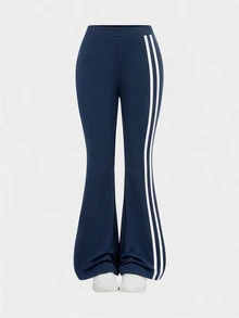 SHEIN NovaGlow Tween Girl Sporty Casual Daily Knit Solid Color Cardigan Jacket & Flared Long Pants Set - Navy Blue - View 5