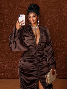 Maweii Plus Size Women Solid Color Pleated Slit Design Casual Party Dress - Brown - View 2