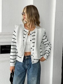 Pariaura Vintage Fashion Black Striped Detachable Shawl Design Soft & Cozy Casual Versatile Knit Cardigan - Grey - View 4