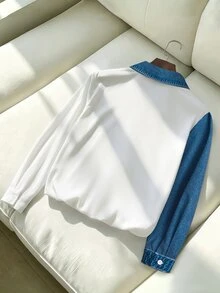 GlowEve CURVE Kemeja Wanita Ukuran Besar Motif Denim Patchwork Biru & Putih Elegan Kasual untuk Perjalanan Musim Gugur - Putih - View 2