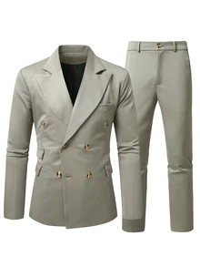 Manfinity Bizformal طقم بدلة رجالية فاخرة مزدوجة الصدر، تضيف المزيد من الأناقة والطبقات، مناسبة للتنقل اليومي والأعمال والتجمعات والحفلات. - أخضر عسكري - مشاهدة 3