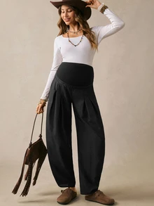 Boho Mama بنطلون طويل كاجوال يومي للحوامل بلون سادة وخصر قابل للتعديل - الأسود - مشاهدة 6