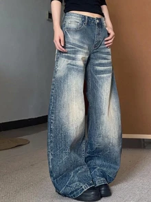 DAZY Women's Deep Blue Washed Distressed High Waist Loose Wide Leg Patchwork Design Casual Versatile Denim Jeans Fall - Blue - View 7