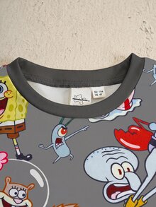 SpongeBob SquarePants | SHEIN Young Boy Round Neck Short Sleeve Top And Shorts Loungewear - Grey - View 3