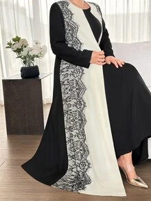 Graceveil Apricot And Black Contrast Wave Eyelash Lace Patchwork Long Cardigan Arabic Loose Long Sleeve Outerwear Robe - Black and White - View 7