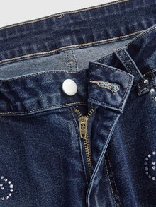 ROMWE Quần jeans denim ống loe size lớn, co giãn cao, thoải mái, họa tiết đính đá, phong cách thường ngày đa năng - Màu xanh lam - Xem 4