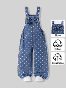 SHEIN Genkimix Kids 女嬰秋季波點牛仔吊帶褲，復古波點印花配大蝴蝶結前襟，寬鬆大腿褲管，休閒長褲，適合上學與外出 - 中等水洗藍 - 查看 3