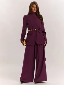 SHEIN BAE Women's Solid Color Asymmetric Design Blazer And Pants Elegant Suit Set,Women's Social Suit Set - Purple - View 1