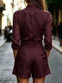 RosyDaze Women's Minimalist Long Sleeve Top And Shorts 2 Pieces Set - Burgundy - View 2