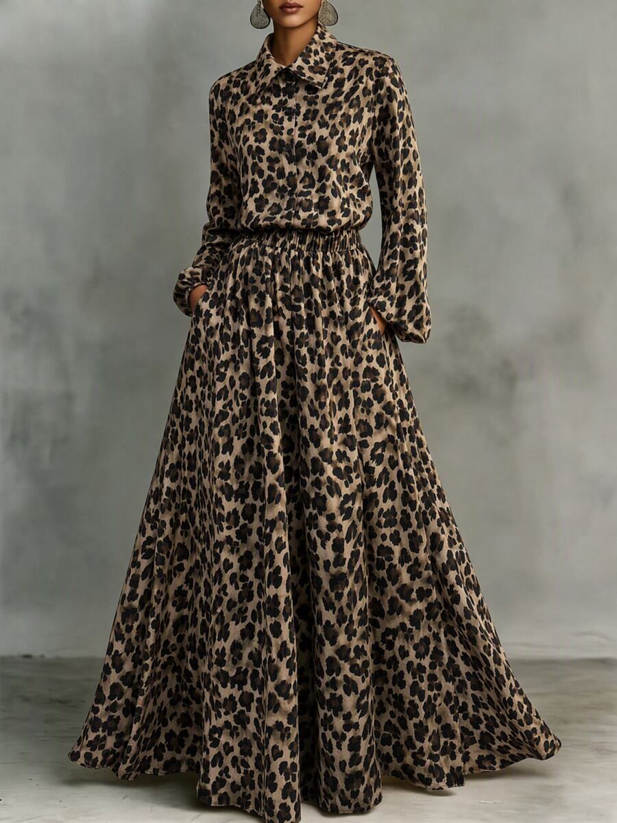 SHEIN Women's Fall/ Casual Elegant Commute Outfit Leopard Print Long Sleeve Loose Blouse + Voluminous Wide Leg Long Pants Dinner Everyday Beige - Brown - View 1