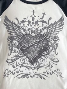 青少年女孩愛心翅膀印花插肩袖長袖T恤，休閒基礎日常穿著風格，適合外出、上學、疊穿 - 彩色 - 查看 6