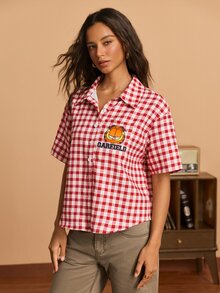 GARFIELD | SHEIN Women's Plaid Letter Cartoon Print Casual Daily Shirt - Red and White - View 4