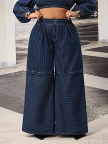 Slaydiva Plus Size Women's Non-Stretch Striped Wide Leg Loose Casual Versatile Denim Jeans - Dark Wash - View 1