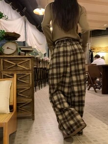 DAZY Women's Plaid Loose Casual Korean Style Long Pants - Coffee Brown - View 2