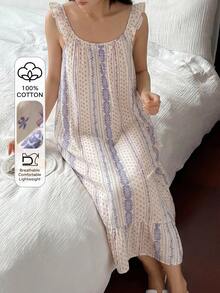 DAZY Vestido Longo de Dormir Feminino com Alças Finas e Babado Floral Delicado - Roxo - Visão 3