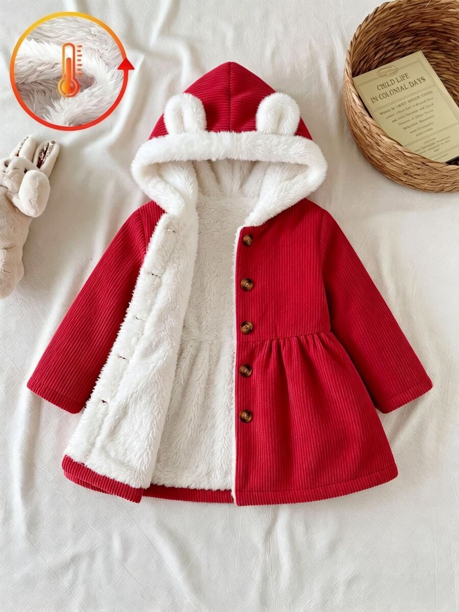 SHEIN 1件女嬰公主紅白色3D耳朵毛飾領扣燈芯絨長袖連帽厚款冬秋假日毛裏夾克 - 紅色 - 查看 1