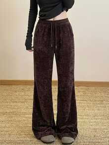 DAZY Women's Elastic Waist Drawstring Tie Pocket Elegant Long Pants - Brown - View 3