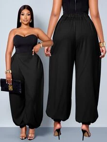SOLERSUN Plus Size Women's Elegant Casual Asymmetric Long Pants, Daily Commute, Streetwear Fall - Black - View 3