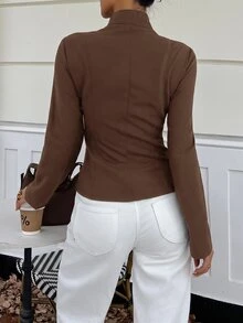 Lavishia 女款新款極簡主義春夏復古立領襯衫上衣，修身拉鍊前開拿破崙/軍裝夾克背心，女款夏季服飾，適合外出、鄉村音樂會穿搭、夏季上衣，適用於通勤、休閒、街頭穿搭 - 咖啡棕 - 查看 2