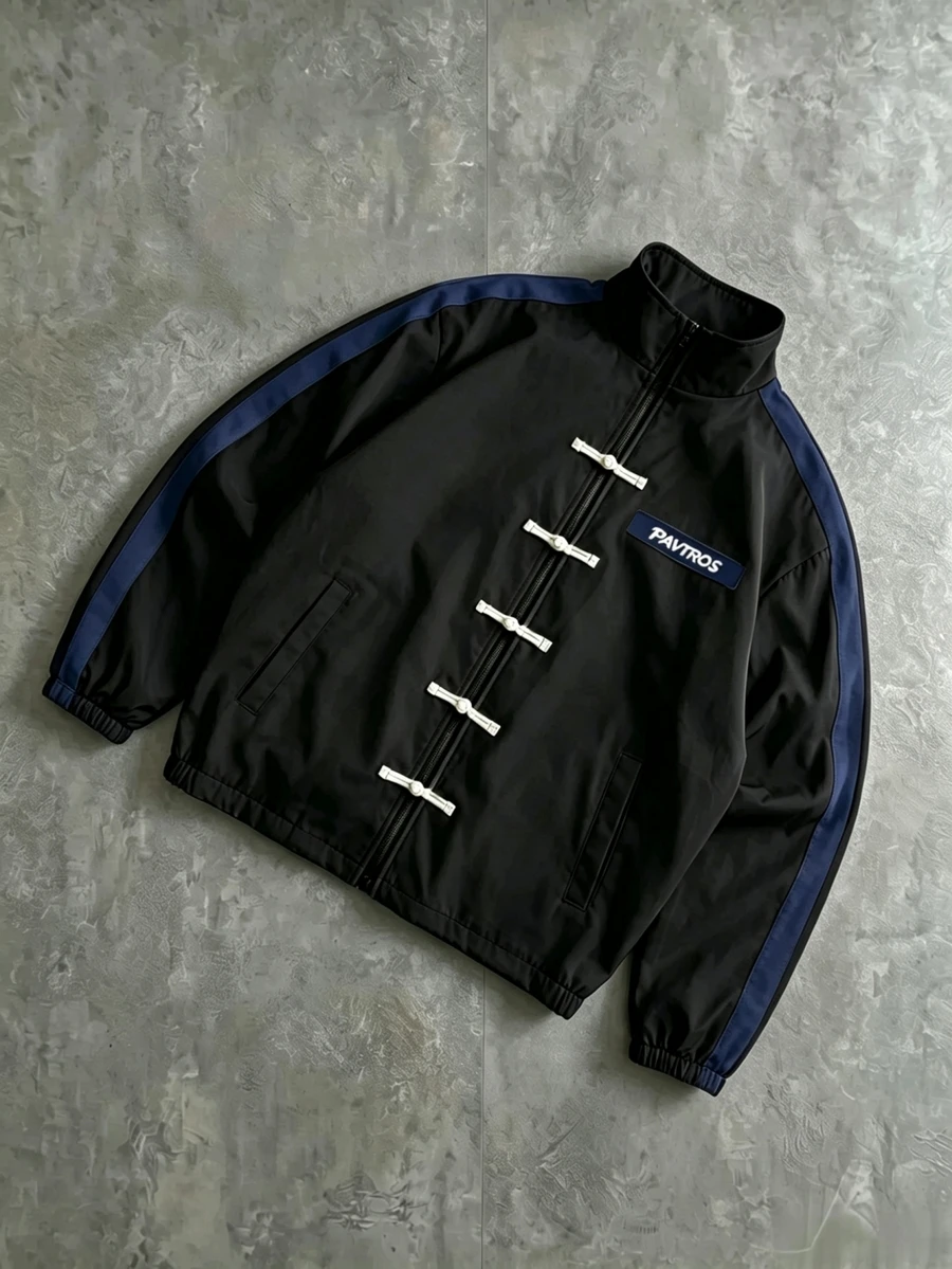 PAVTROS Men's Contrast Color Frog Button Design Zipper Placket Casual Jacket - Navy Blue - View 1