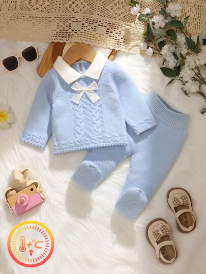 SHEIN Unisex Baby Newborn Apricot Solid Color Fashion Casual Cute Comfortable Soft Minimalist Versatile Long Sleeve Sweater And Footed Pants 2 Pieces Set, Suitable For Daily Wear, Outings, Parties, Outdoor Wear, Autumn/Winter