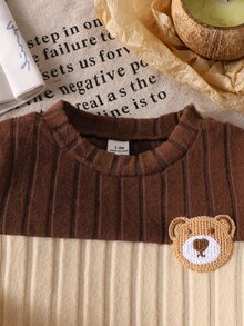 SHEIN Playful Pals 柔軟刷毛布料熊刺繡圖案對比色男嬰休閒套裝 - 棕色 - 查看 3