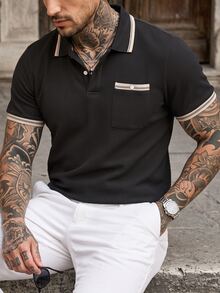 Manfinity CasualCool 男士拼色休閒日常短袖 Polo 衫 - 黑色 - 查看 3