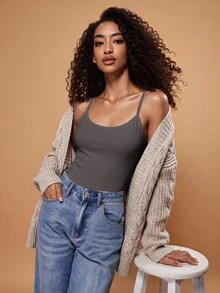 SHEIN BASICS 女款素色休閒日常穿搭細肩帶背心上衣 - 深灰色 - 查看 4