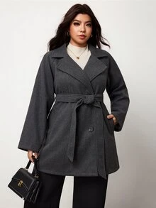 Enliva Plus Size Women's Belted Trench Coat Double Breasted Notched Lapel Mid Length Outerwear Flattering Compatible With Apple Shape Rounded Body - Dark Grey - View 4