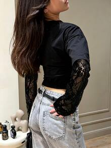INAWLY Solva Women's Autumn Winter Basic Crew Neck 2 In 1 Lace Splicing Long Sleeve Cropped Top, Solid Co - Black - View 2