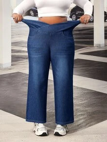 Lounesse Celana Jeans Denim Kasual Sehari-hari Wanita Ukuran Plus dengan Pinggang Asimetris - Biru - View 1