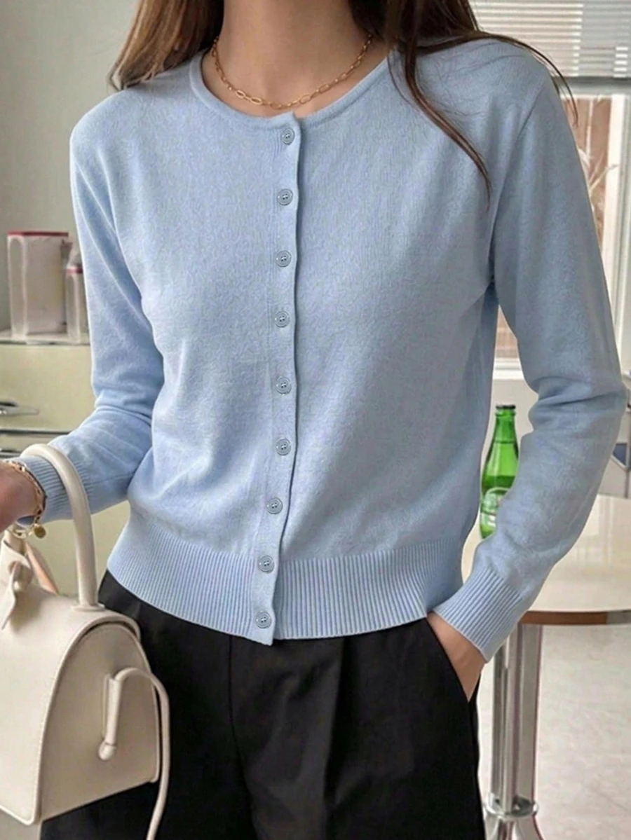 DAZY Women's Solid Color Casual Versatile Daily Long Sleeve Cardigan - Blue - View 1