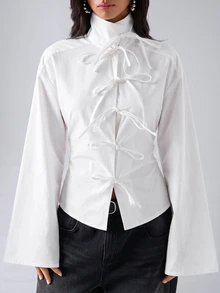 LYSMO Women's Solid Color Front Tie Long Sleeve Casual Fashion Shirt - White - View 6
