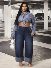 Slaydiva Cowgirl Outfit Plus Size Women's Blue Non-Stretch Cuffed Straight Leg Jeans - Dark Wash - View 7