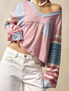 Bohemela Plus Size Women's Patchwork Striped V-Neck Long Sleeve Pocket T-Shirt - Multicolor - View 5