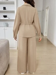 SHEIN 孕婦純色長袖上衣與可調腰長褲休閒日常兩件套 秋季 - 卡其色 - 查看 5