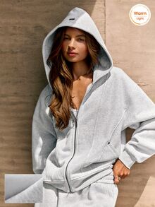 GLOWMODE Cozy Street Collection Everyday Fleece Snowbound Relaxed-Fit Hip-Length Hoodie With Studded Pockets & Logo Details Daily Casual Fall Winter Wear - Grey - View 1