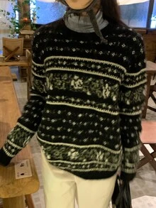 DAZY Women's Autumn/Winter Round Neck Long Sleeve Fair Isle Sweater - Black - View 10
