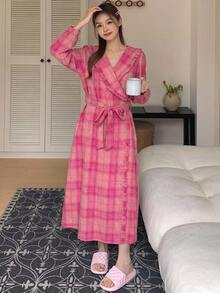 DAZY Women's Loose Plaid Cardigan Robe With Frill Trim And Asymmetric Front - Pink - View 5