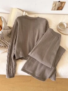 CosyJoli Women's Solid Color Long Sleeve Top And Pants Knit Two Pieces Set - Apricot - View 2