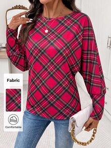 SHEIN Clasi 女款紅格紋圓領羊腿袖休閒復古百搭T恤，聖誕女裝辦公穿搭 - 紅色 - 查看 8