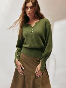 SHEIN Women's Sweater Slim Fit Lantern Sleeve Knitted Henley Neck Metal Buttons Ribbed Hem Elegant Retro Casual Green Solid Fall Clothes For Women Autumn - Army Green - View 7