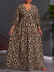 SHEIN CURVE+ فستان حفلة كاجوال بطبعة نمر بياقة على شكل حرف V للنساء ذوات الأحجام الكبيرة - متعدد الألوان - مشاهدة 8