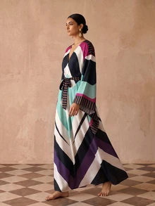 Zivah New Elegant Women's Multi-Color Totem Print Robe-Style Long Cover-Up With Tie, Suitable For Multiple Occasions, Elegant Women's Beach Vacation Versatile Commute - Multicolor - View 5