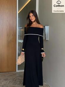 Siren Gaze Fall Cotton Black Dress Women's Floral Bud Trim Off-Shoulder Long Sleeve Elegant Dress Party Office Halloween Winter Holiday Y2k Going Out A-Line Work - Black - View 1