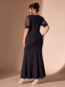 Cravure Women's Round Neck Lantern Short Sleeve Fitted Mermaid Tail Elegant Party Plus Size Dress - Black - View 2